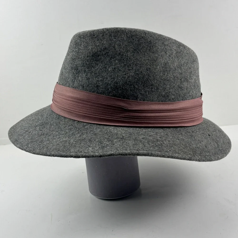 Vtg Doeskin Felt Fedora Hat Womens OS Grey Wool Mauve Ribbon 80's Retro